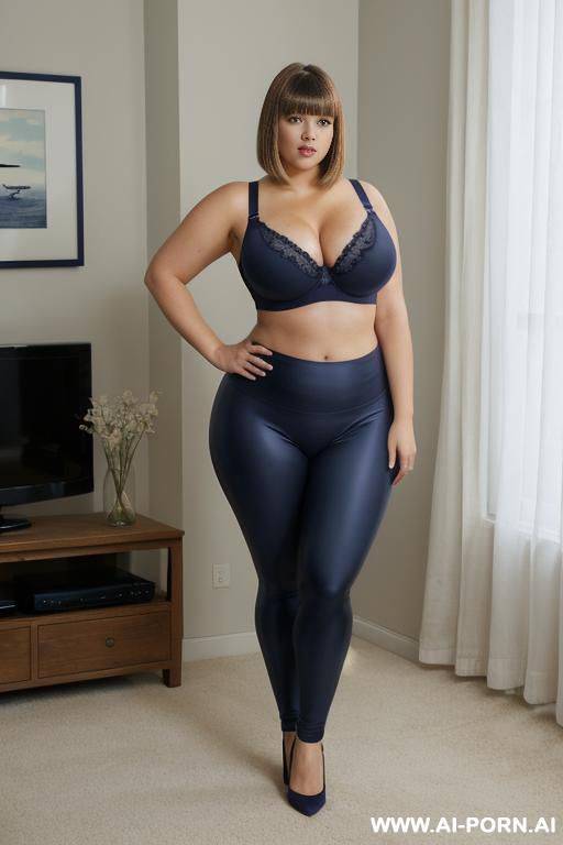 chubby woman, full body, standing, triangular hips, thick thighs, hands on hips, wearing blue leggings and bra, room in front of the television - #main