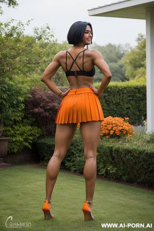 indian, short hair, fit, abs, muscular arms, big ass, tall, long legs, navel piercing, orange bra, orange pleat skirt, looking at camera, full body, stiletto, in garden, bending down, back view - #main