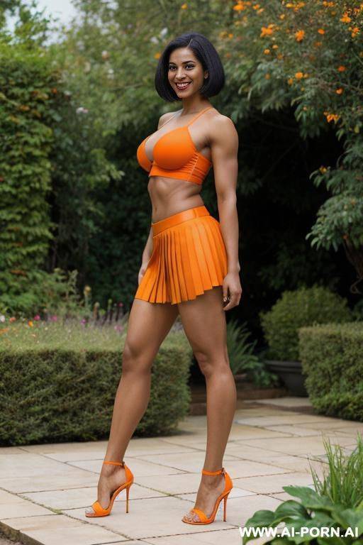 indian, short hair, fit, abs, muscular arms, big ass, tall, long legs, navel piercing, orange bra, orange pleat skirt, looking at camera, full body, stiletto, in garden, bending down, side view - #main