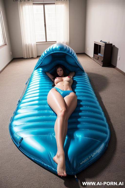 a single, tight fit form, shiny, puffy sleeping bag lies on the ground. inside the sleeping bag are having two , slender adult women sex. - #main
