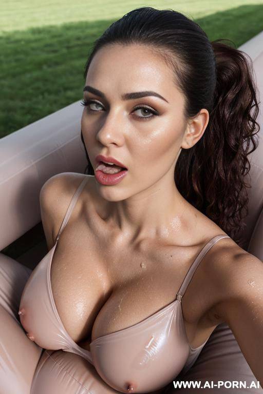 photorealistic big brunette bimbo, bimbo makeup, massive boobs, wet hair slicked back into ponytail, latex bodysuit, blindfold, kneeling, sucking huge dildo with open mouth, pov closeup on face - #main