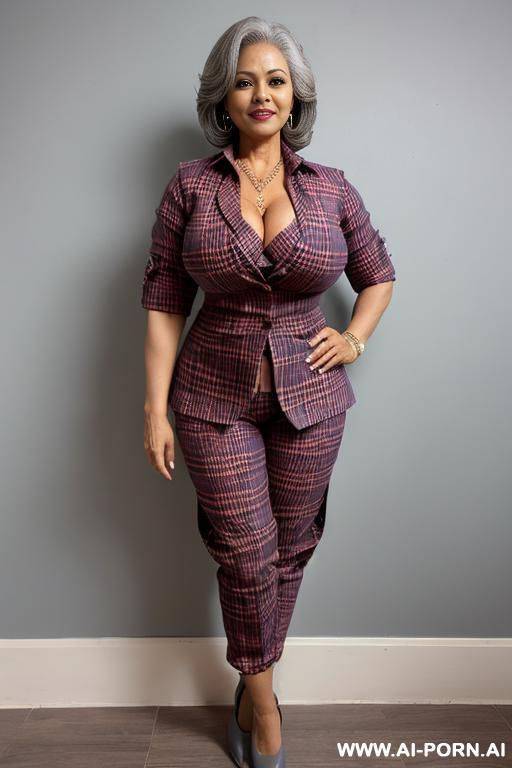 gorgoues mature cougar, cougar, huge silicone breasts, pear shape body, triangular hips, thick alluring thighs, full body view, grey hair, - #main