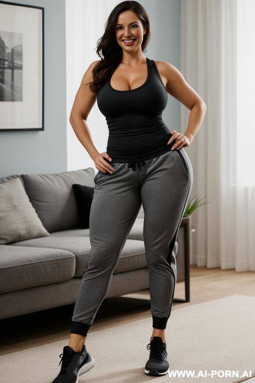 tight tank top, very big boobs, perfect body, short sport pants, smiling - #main