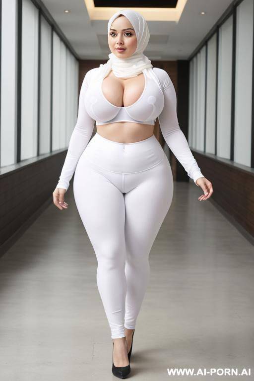 curvy hijab woman in white transparent tight leggings and heavy breasts showing cleavage - #main