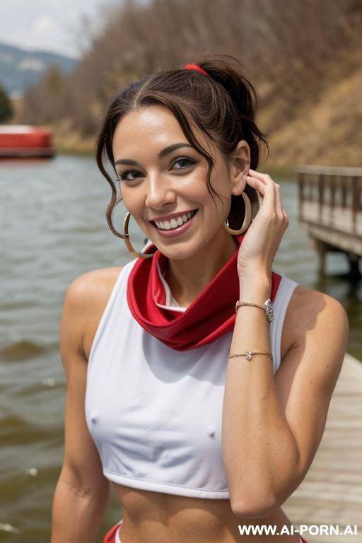 slender, (((standing naked on a dock on a river))), (((arms up adjusting hair))), (((smiling))), (((hoop earrings))), ((medium brown hair)), (((no tattoos))) - #main