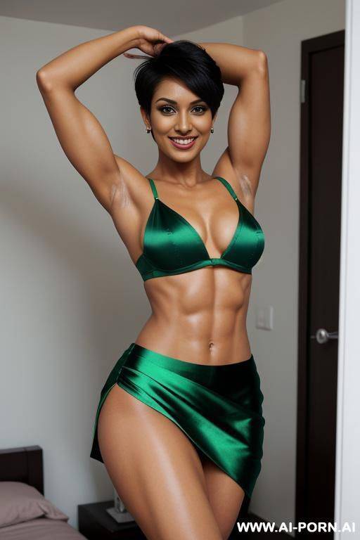 indian, short hair, fit, abs, muscular arms, big ass, tall, long legs, navel piercing, green satin bra, green pleat skirt, looking at camera, full body, stiletto, arms up, bedroom - #main
