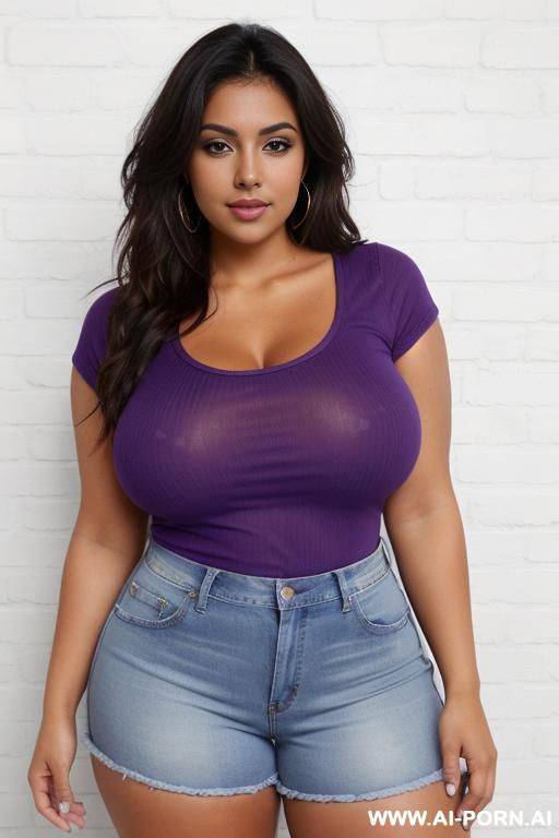 a tanned skin latin woman, wearing jeans shorts and purple t-shirt. thick thighs and curvy body, medium breasts, beautiful face, full body view - #main