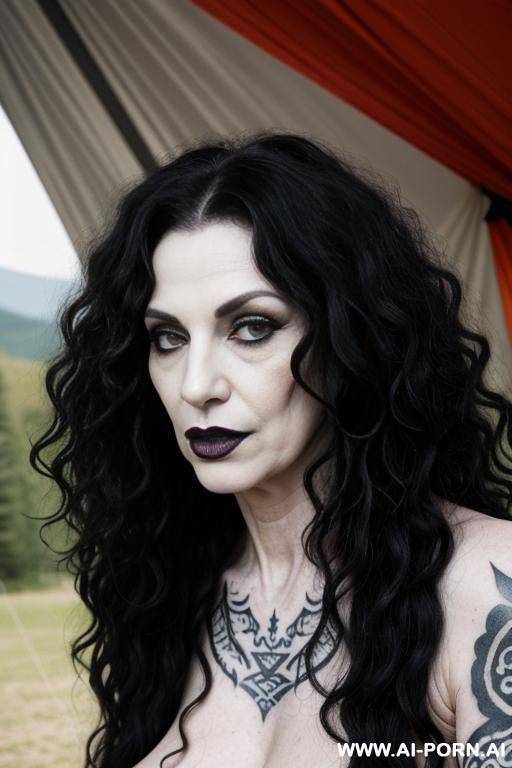 old mature goth naked with tatoos and black lipstick . full body view long curly hair - #main