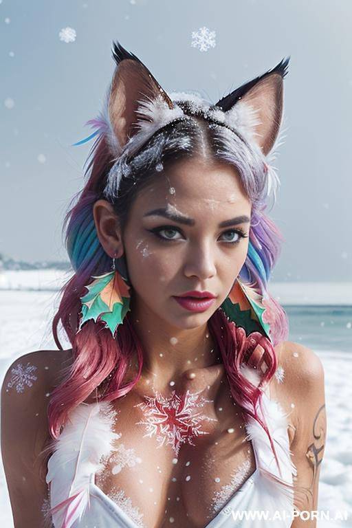 face, sexy, beautiful, ((face painting)), ((bikini as seashell)), ((tattoo roses)), ((eyes shw)), ((angel wings)), ((rainbow hair)), ((long bu hair)), ((wind)), (( cat face)), (( cat ears)), (((feather - #main