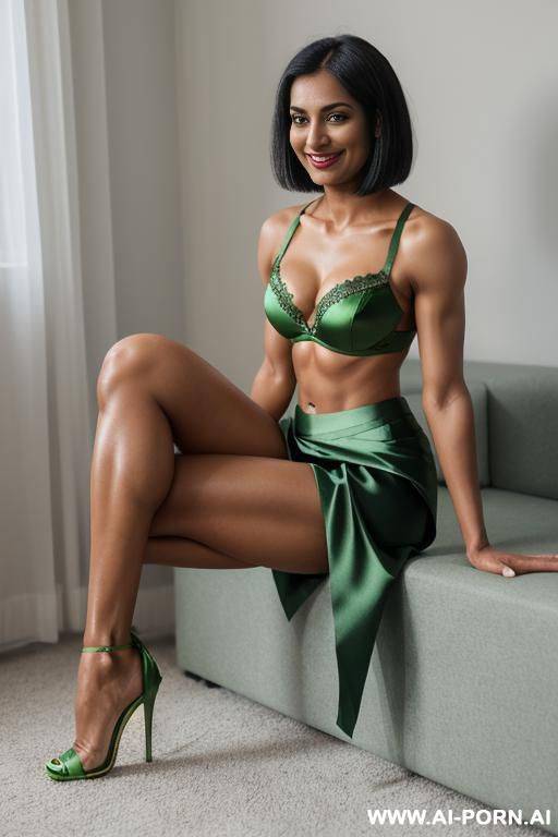 indian, short hair, fit, abs, muscular arms, big ass, tall, long legs, navel piercing, green satin bra, green pleat skirt, looking at camera, full body, stiletto, sitting - #main