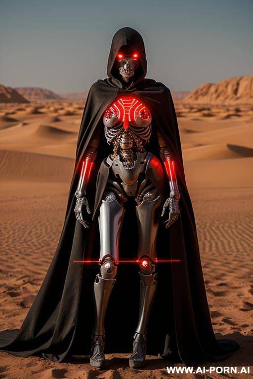 skeleton cyborg droid woman with glowing red eyes and red led lights on body standing in a desert wearing a ragged cloak holding a spear - #main