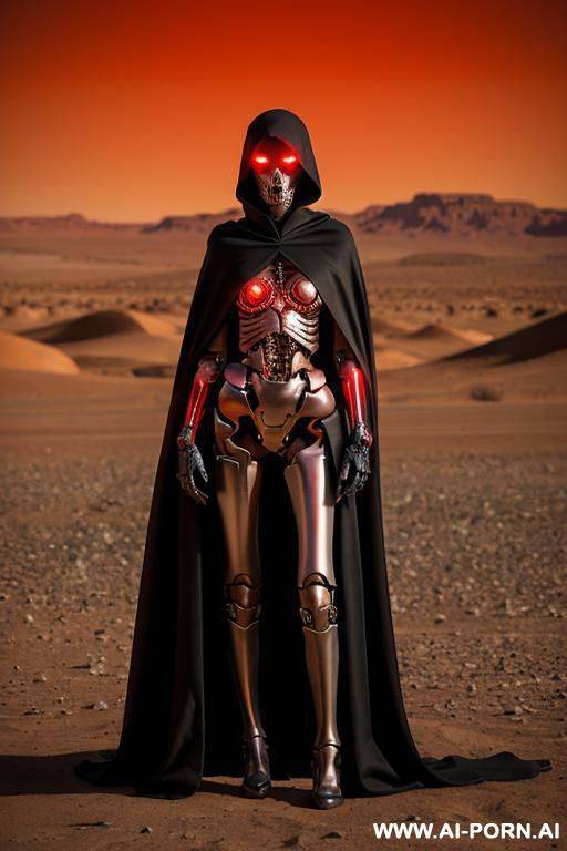 skeleton cyborg droid woman with glowing red eyes and red led lights on body standing in a desert wearing a ragged cloak holding a head - #main