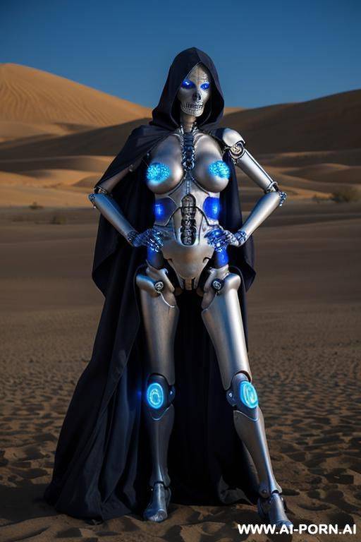 skeleton cyborg droid woman with glowing blue eyes and blue led lights on body posing seductively in a desert wearing a ragged cloak - #main