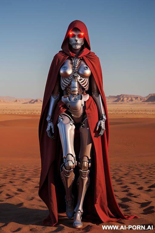 skeleton cyborg droid woman with glowing red eyes and red led lights on body standing in a desert wearing a ragged cloak - #main