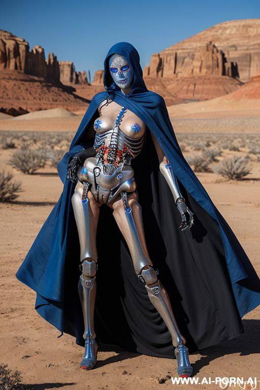 skeleton cyborg droid woman and man with glowing blue and red eyes and blue and red led lights on body posing seductively in a desert wearing a ragged cloak - #main
