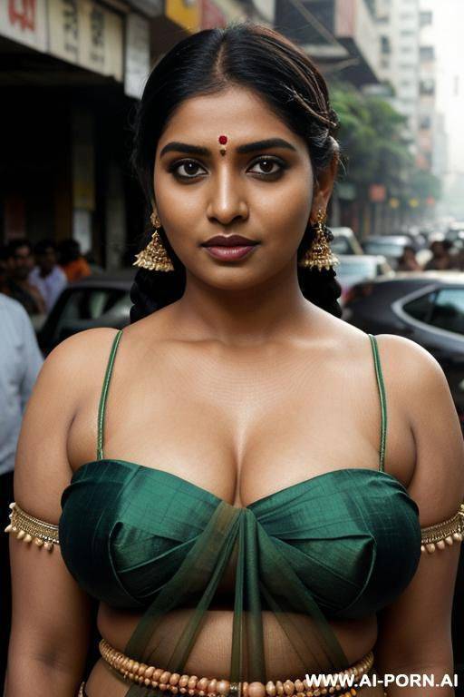 indian woman, gigantic boobs, skimpy sari, chubby, revealing sari, crowded street, sexy sari - #main