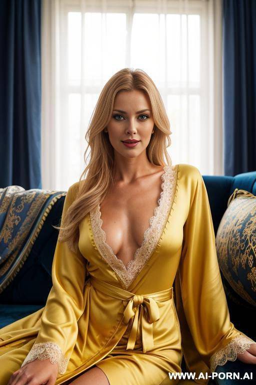 realistic swedish woman, happy, beautiful natural boobs, beautiful natural body, blue and yellow royal robes, royal lingerie, in a harem, on a couch - #main