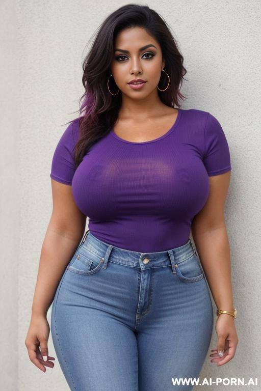 a tanned skin latin woman, wearing jeans short and purple t-shirt. thick thighs and curvy body, medium breasts, beautiful face - #main
