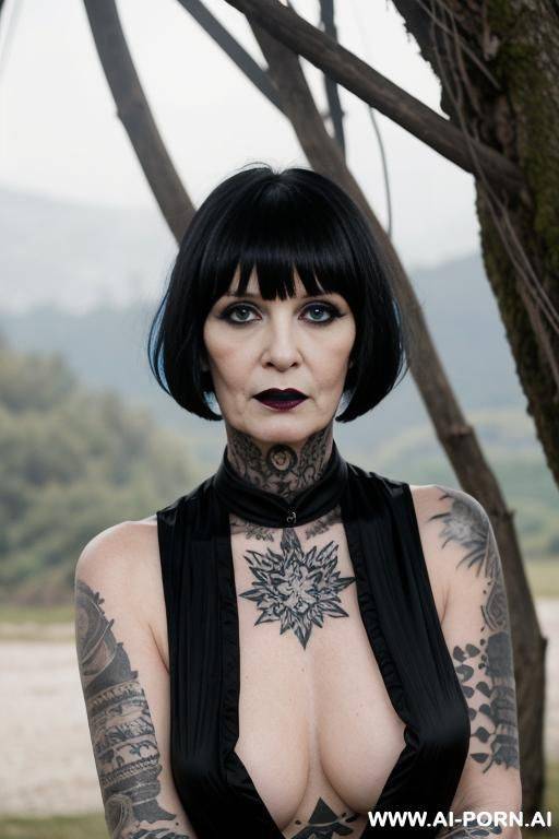 old mature goth naked with tatoos and black lipstick . full shot - #main