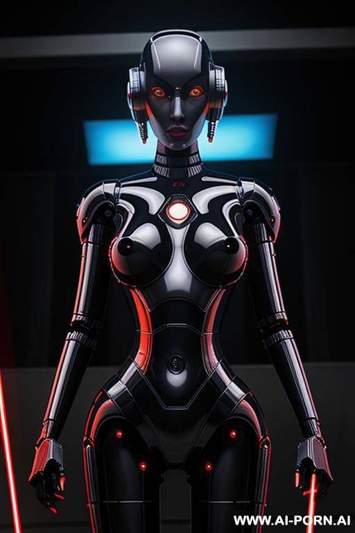 robot droid woman with long lazers eyes and holding 2 dicks - #main