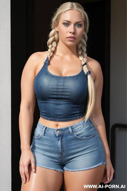 huge gigantic massive legs, oversized fat big obese bulked up thighs, jean shorts, white tight wet t-shirt, standing - #main
