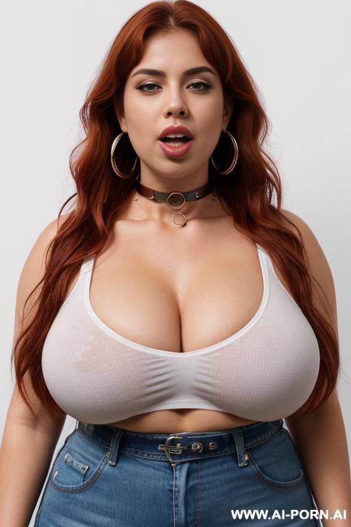 (((huge gigantic massive oversized boobs))) fat big obese bulked up thighs, jean shorts, white tight wet t-shirt, standing, dark red wide thick lips, ahegao, mouth open, ((broad metal collar)), hoop earrings, ((bangles)) - #main
