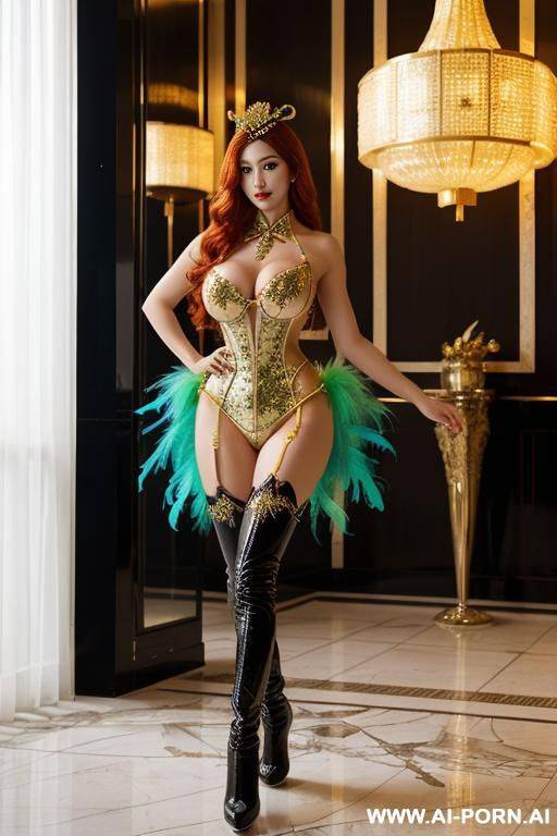 chinese, rainbow feather studed bright diamond transparent corset，feather tutu skirt， mesh robe， rainbow sequin bra ,necklace，rainbow large pointed thigh-high boots - #main
