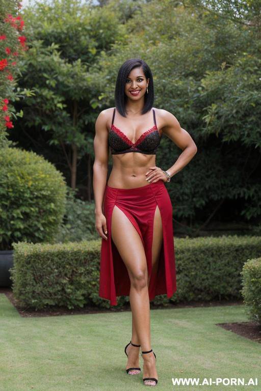 indian, short hair, fit, abs, muscular arms, big ass, tall, long legs, navel piercing, red bra, red pleat skirt, black robe looking at camera, full body, stiletto, in garden - #main