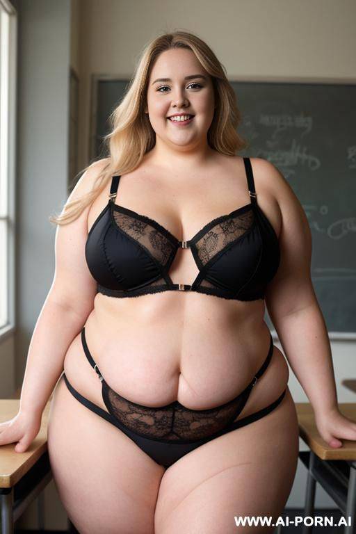 half body photo shot from dinamyc angle, about at classroom, (((very obese))) fat bbw curvy teacher, she is reading a resume - #main
