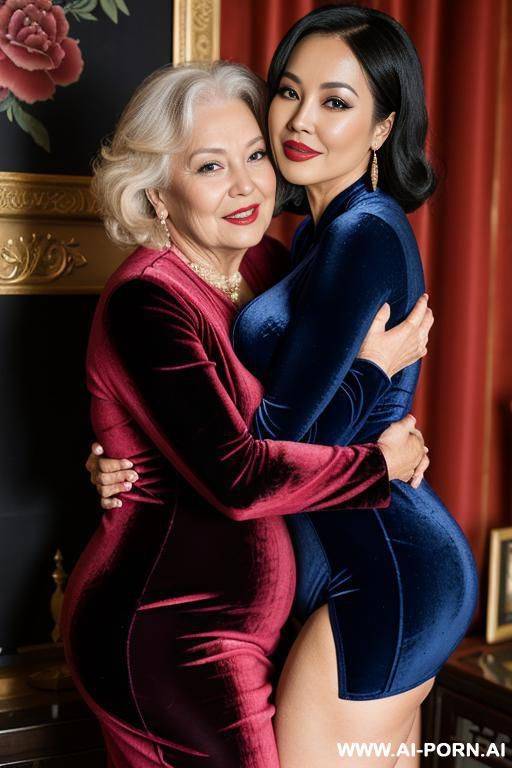 one bbw old woman chinese black hair in velvet bodysuit hug and one mature blond british in velvet dress - #main