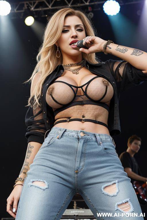 caucasian female rapper with huge tits wearing baggy jeans and a slutty mesh jersey, dark blonde hair, on a festival stage, close-up shot - #main
