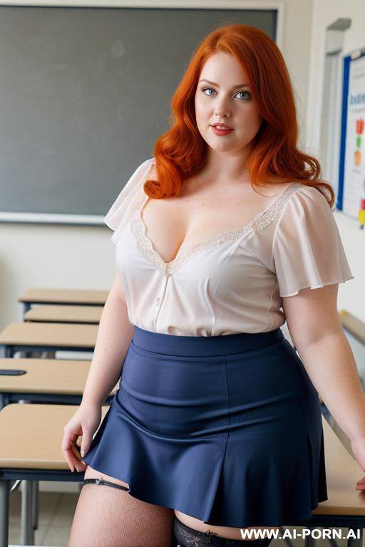 close up full body photo shot, about at classroom, obese chubby fat bbw curvy redhead teacher, wearing a sexy and hot micro skyblue ruffle skirt and elegant top, teaching to the classroom. - #main