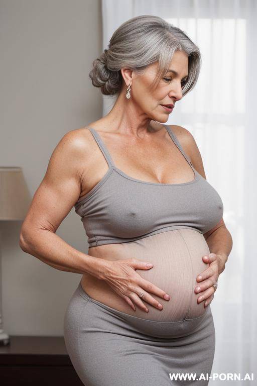 pregnant gilf is hip carrying her crying grandchil. gray hair. chignon. nsfw. front view. sexy pregnant belly. - #main