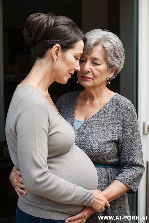 pregnant grandma is hip carrying her crying grandman. gray hair. chignon. - #main