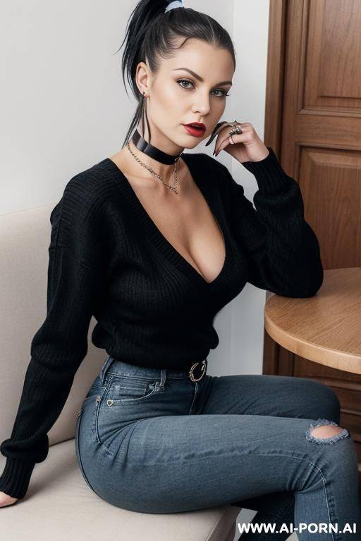 ashley graves from tcoaal, black choker ,ponytail, no lipstick, no tattos, goth, black sweater, jeans - #main
