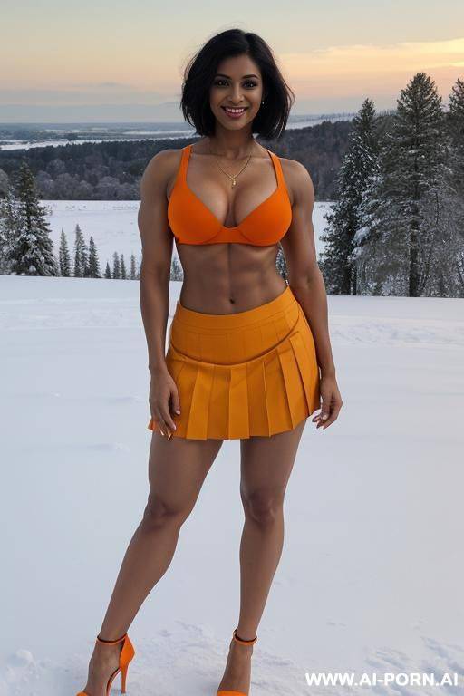 indian, short hair, fit, abs, curvy, muscular arms, big ass, tall, long legs, navel piercing, orange bra, orange pleat skirt, looking at camera, full body, stiletto, in snow - #main