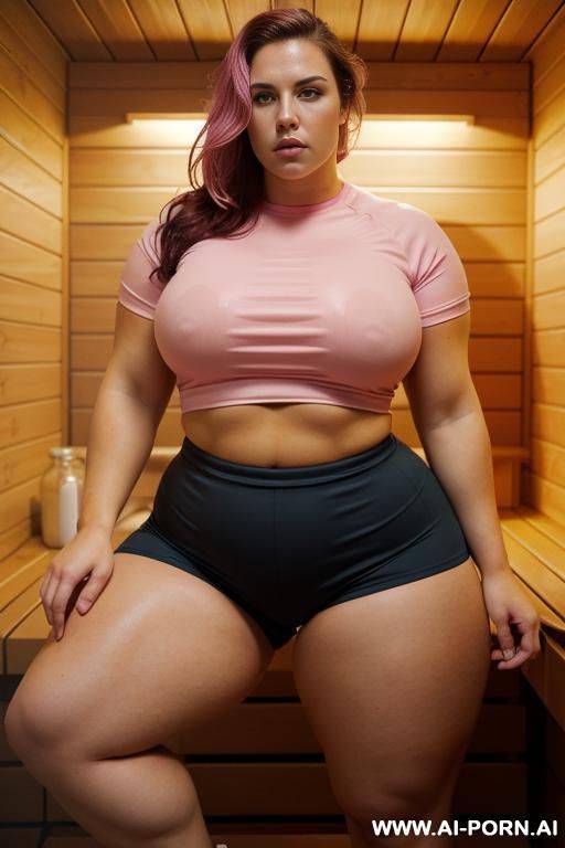 huge massive fat obese bulked up thighs, tight sport shorts. tight pink shirt. - #main
