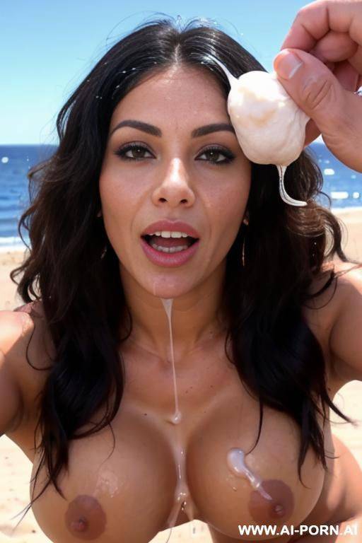 moroccan woman and white man, super sun tanned, woman with fluffy curly hair, black hair, lean body, tits, totally naked, man with middle size muscles, big dick, facial cumshot for first time, mediterranean beach - #main