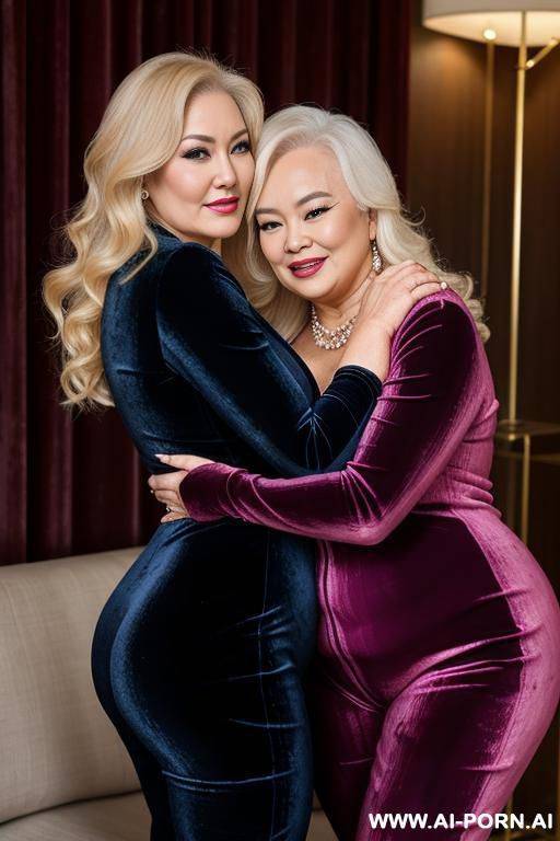 a british blonde busty mature in velvet catsuit hug one asian old woman bbw in velvet clothes - #main