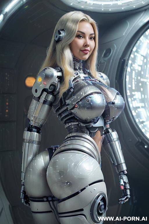 (((super realistic))) ((front view)) (((beautiful cyborg woman))) (((sexy cyborg woman))) ((chinese)) ((blonde)) (((long thick hair))) (((perfectly beautiful face, sexy plump lips))) (((huge expressive sexy - #main