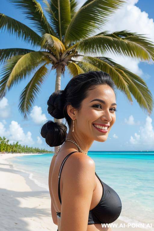 , bimbo, voluptuous, wide hips, smile, black hair, long hair wavy bun, bikini, beach - #main