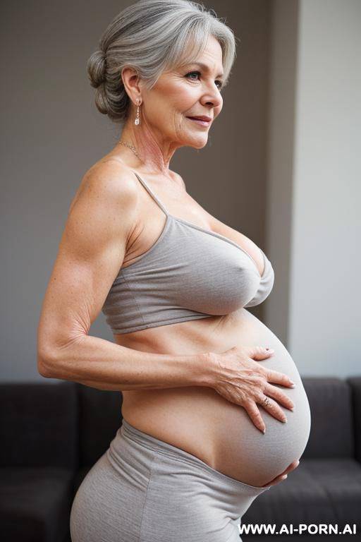 beautiful pregnant gilf is hip carrying her crying grandchil. gray hair. chignon. nsfw. front view. sexy pregnant belly. - #main