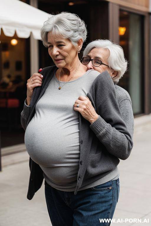 pregnant grandma is hip carrying her crying grandman. gray hair. chignon. - #main