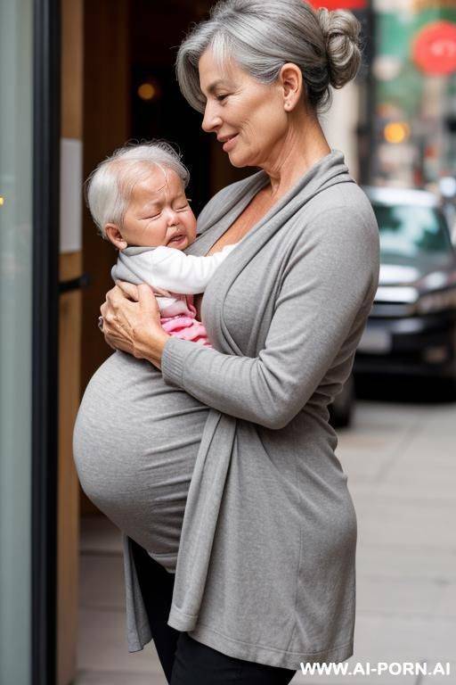 pregnant gilf is hip carrying her crying grandchil. gray hair. chignon. - #main