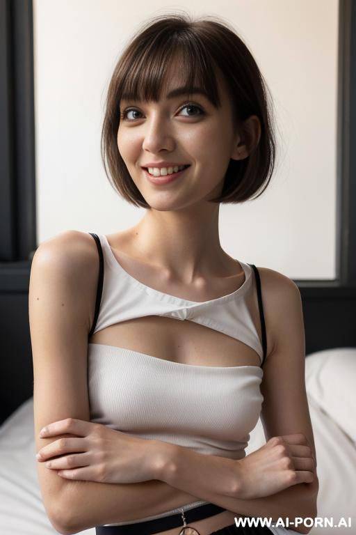 blonde, perfect slender figure, eye contact, looking into the camera, totally naked, laying down in bed, legs open, showing pussy, smiling - #main