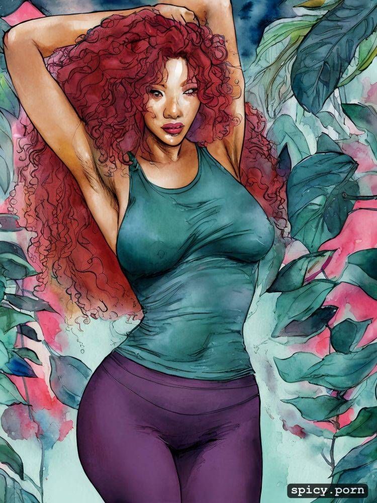close up, curly hair, pastel colors, jungle, yoga pants, asian female - #main