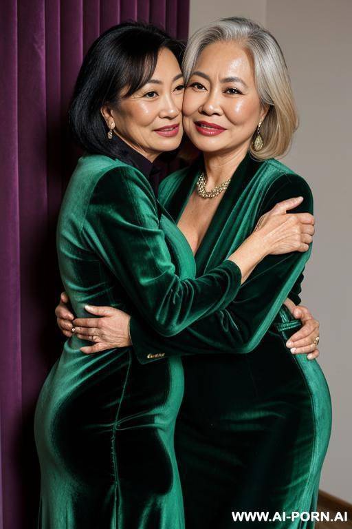 one british blonde busty mature in velvet purple dress hug one asian old woman black hair in green velvet clothes - #main