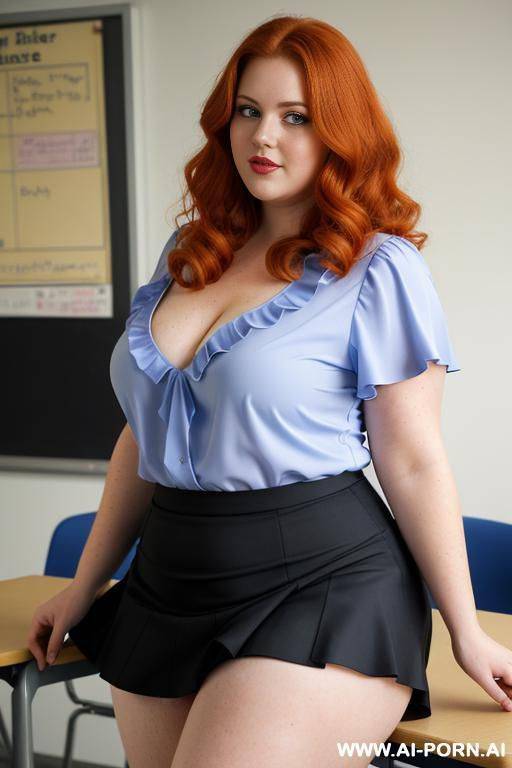 close up half body photo shot, about at classroom, obese chubby fat bbw curvy redhead teacher, wearing a sexy and hot micro skyblue ruffle skirt and elegant top, teaching to the classroom. - #main