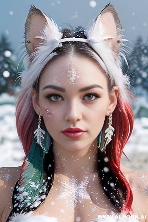 face, sexy, beautiful, ((face painting)), ((bikini as seashell)), ((tattoo roses)), ((eyes shw)), ((angel wings)), ((rainbow hair)), ((long bu hair)), ((wind)), (( cat face)), (( cat ears)), (((feather - #main