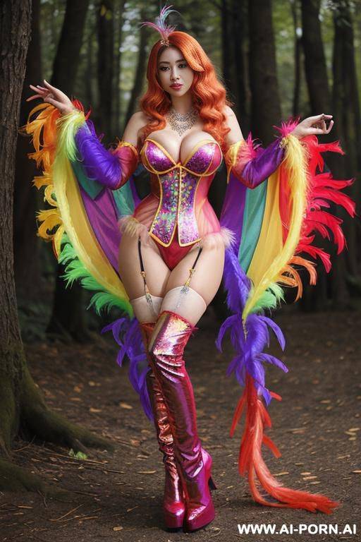 chinese, rainbow feather studed bright diamond transparent corset，feather tutu skirt， mesh robe， rainbow sequin bra ,necklace，rainbow large pointed thigh-high boots - #main